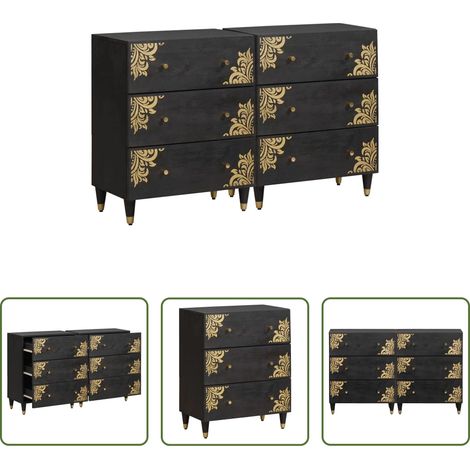 Rangement salon -  Buffet 2 pcs Noir 60 x 33 x 75 cm Bois de mangue massif (1/5)