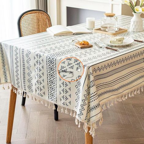 Nappe rectangulaire avec pompons, imperméable, enduit de vinyle, avec envers en toile de jute de coton, blanc, noir, bohème, carré, 139, 7 x 139, 7 cm (1/5)