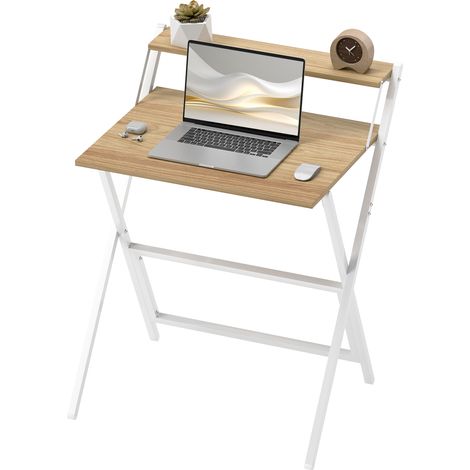 Bureau pliable 65,5 x 45 cm avec étagère de rangement pour chambre, petits espaces, bois naturel (1/5)