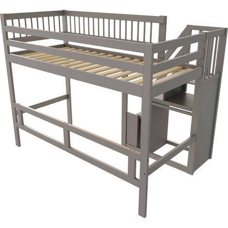 Lit mezzanine enfant/adolescent en bois gris 90x200 cm avec escalier de rangement intégré (1/5)