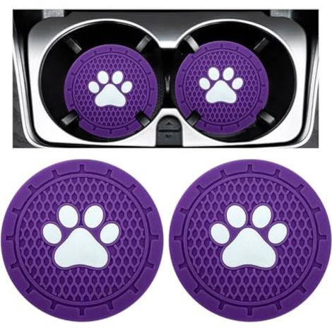 Kewucn Lot de 2 dessous de verre de voiture de 7 cm - Motif patte mignonne - Pour homme et femme - Antidérapant - En PVC - Accessoires universels pour décoration intérieure de voiture (violet) (1/5)