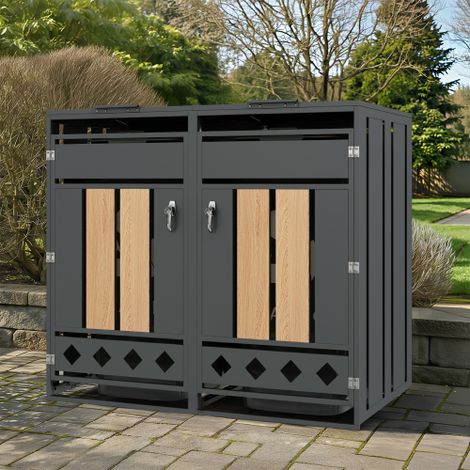 Cache-poubelle double 2x240L - couvercle hydraulique - design losange - acier galvanisé - gris