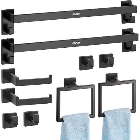 Juego de Accesorios de Baño, con 2 Toalleros, 2 Porta Toallas Anillo Cuadrado, 2 Ganchos de 4 Piezas y 2 Portarrollos de Papel Higiénico, en Pared, Negro Mate, 10 uds, 595 x 100 x 80 mm (1/5)