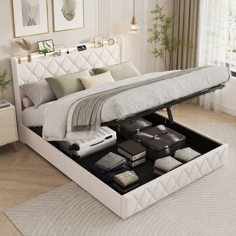 Lit Coffre 140x200 cm avec LED et USB, Lit Double Rembourré avec Rangement Hydraulique, Cadre de Lit Adulte avec Tête de Lit, Étagères Ouvertes, Beige (1/5)