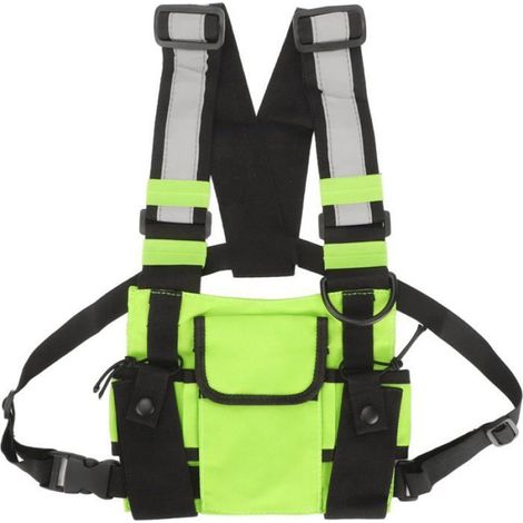 1 Harnais de poitrine, Nylon vert, Porte talkie-walkie vertical, Sangles réglables, Randonnée et chantier (1/5)