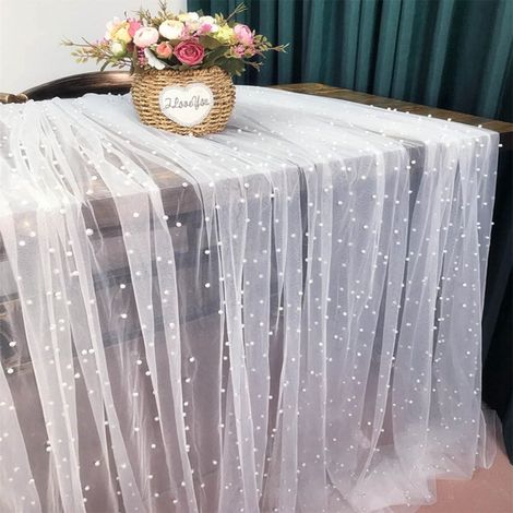 Camino de mesa TIMECOS de tul con perlas para decoración de bodas, 3 m (10 pies), 2 piezas, 152 x 305 cm (60 x 120 pulgadas), tela blanca perlada. (1/5)