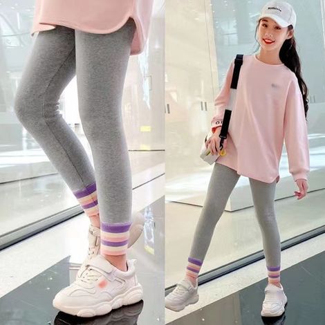 Mädchen Leggings, Oberbekleidung, Baumwolle, weich, knöchellang, eng anliegend, atmungsaktiv, vielseitig kombinierbar, Hose für Frühling und Herbst, Hellgrau, XL (Hosenlänge: 76 cm geeignete Körpergrö (1/5)