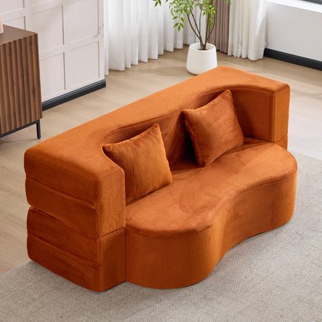 Canapé-futon entièrement compressé orange sans montage. Double usage pliable,adapté salon,chambre et tous espaces de vie.