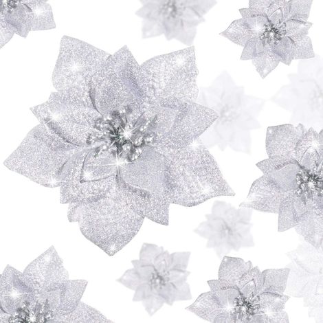 36 Stück glitzernde Weihnachtssterne, künstliche Glitzerblumen, für Hochzeiten, Weihnachtsbaum, Neujahrsschmuck (Silber, Glitzer-Stil) (1/5)