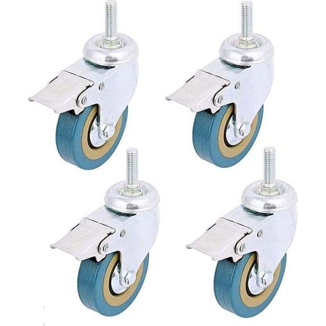 4 pack, Verrouillage 3" Mont tige filetée Roulette pivotante Rotation Non marquant Roue à roulettes en polyuréthane et frein pour chariots, meubles, établi (Tige filetée: 12 X 30mm) (1/4)