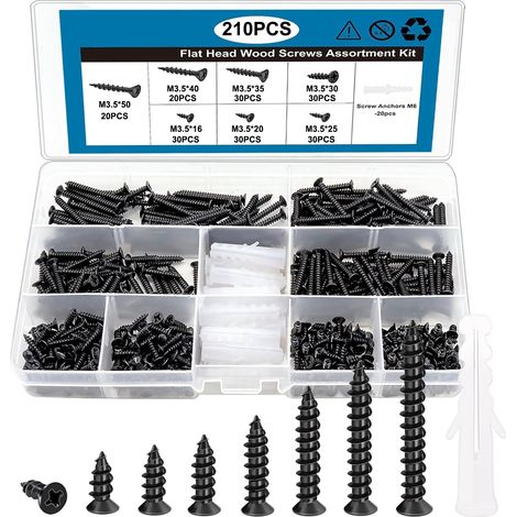 Juego de 210 tornillos pequeños para madera M3, tornillos autorroscantes de cabeza Phillips, tornillos cortos negros, acero al carbono, 8 tamaños.