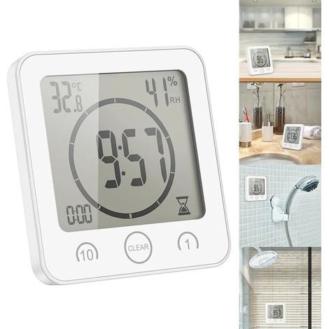 Minuteur de douche numérique étanche avec minuterie, grand écran LCD, affichage de la température et de l'humidité, ventouse, pour salle de bain et cuisine, compte à rebours et alarme (1/5)