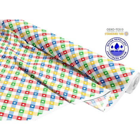 TESSUTI DECORATIVI PER ESTERNI OXFORD - Motivo cuori bianchi su quadretti colorati I DR247 (1/5)