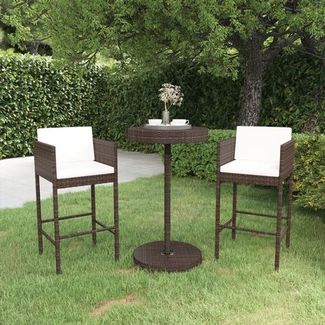 Set de bar de jardín 3 piezas y cojines ratán sintético marrón