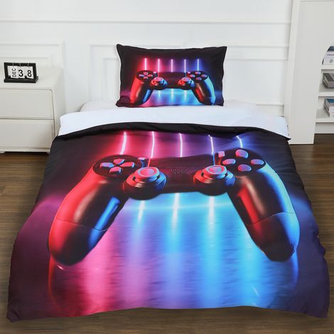 Housse de Couette Gamer 140x200 Enfant + 1 Taie d'Oreiller 50x75, Parure de Lit Enfant à Motif de Manette de Jeu, 1 Personne
