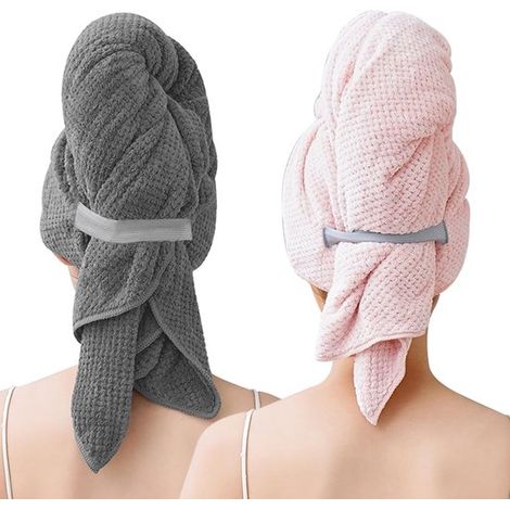Set di 2 grandi asciugamani in microfibra per capelli lunghi,103 x 60 cm,Turbante di alta qualità con elastico,Asciugatura rapida (1/5)