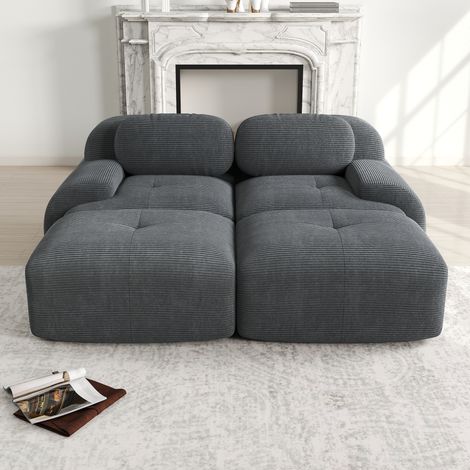 Sofá modular de 2 plazas en tela de pana con chaise longue, sin montaje, gris DESVIAE (1/5)