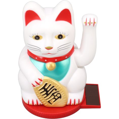 Chat porte-bonheur solaire de 15 cm avec patte qui agite, blanc, idéal pour la maison, la voiture ou le bureau. (1/5)