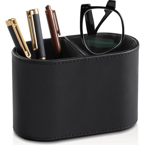 Stiftehalter aus PU-Leder, kleine Aufbewahrungsbox für Fernbedienungen, multifunktionaler Schreibtischorganizer, geeignet für Zuhause, Schule und Büro - Doppelfach (schwarz)