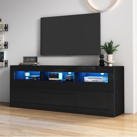 Mueble TV 160 x 35 x 60 cm con LED, 3 nichos, 2 puertas, 2 cajones, negro DESVIAE (1/5)