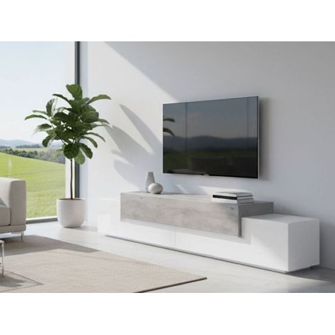 Dmora Mueble para TV para salón, Made in Italy, Mueble para TV con 3 puertas y estantes, 240x45h52 cm, Blanco brillante y Color cemento, con embalaje reforzado (1/5)