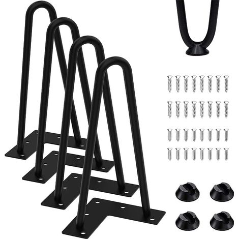 Pieds de meubles en épingle à cheveux de 30 cm avec vis de 2 tailles et 4 patins de protection de sol robustes en acier massif avec 2 barres pour armoires, bancs, chaises, tables basses, noir