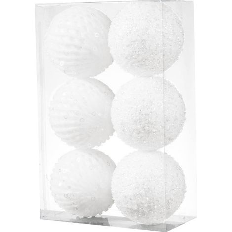 Set mit 6 dekorativen weißen Schaumstoff-Schneebällen, 10 cm Durchmesser, ideal für Weihnachtsbäume oder zur Dekoration einer Hochzeit. (1/4)