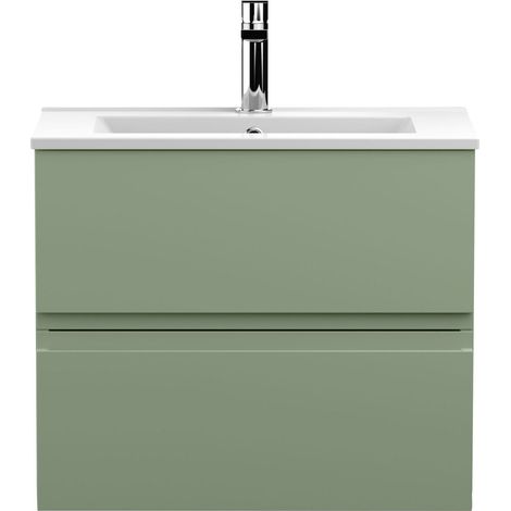 Mavesyn Contemporary 2 Drawer Wall Hung Vanity Unit with Minimalist Basin, Satin Green, 600mm