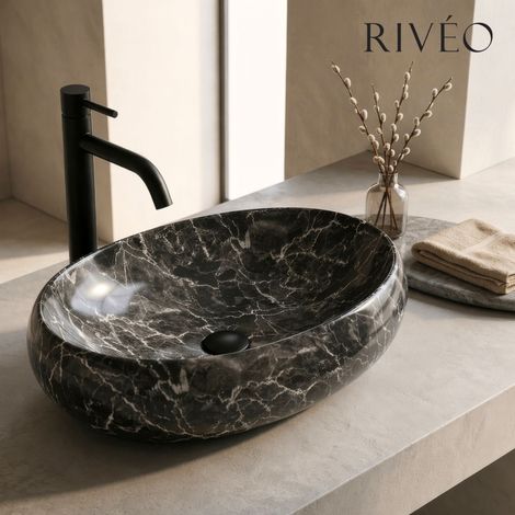 Vasque à poser ovale noire effet marbre 600 x 400 x 150 mm Rivéo