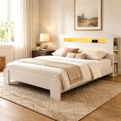 Lit 140x200cm - Lit Double 140x200cm - Tête de Lit avec Rangement, LED Intégrées et Prises de Courant - Moderne - Blanc Éclatant (1/5)