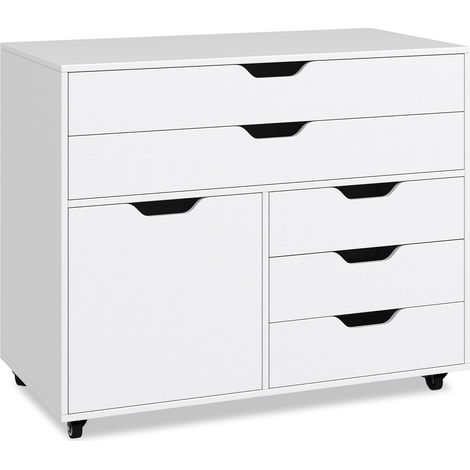 COSTWAY Cassetteria a 3 Cassetti Piccoli e 2 Cassetti Grandi, Comò Camera da Letto con Armadietto con Anta, Comodino Tavolino in Legno con 5 Ruote Universale, Mobile per Soggiorno, 77,5 x 40 x 64 cm (1/5)