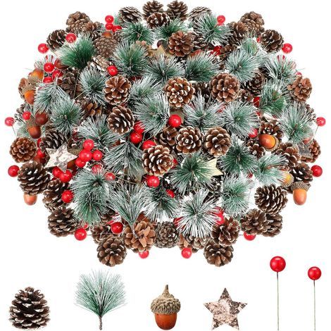 108 Pièces Artificielles Pommes de Pin et Baies Rouges de Noël, 24 Pommes de Pins, 12 Branches de Pin, 12 Glands, 12 Bois Étoiles, 48 Baies Rouges - Noël Couronnes Fabrication Sapin Décoration (1/5)