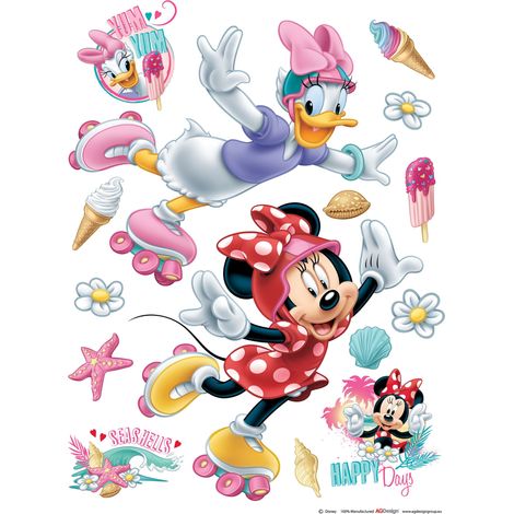 sticker mural Minnie Mouse & Daisy Duck blanc, rose et rouge  - Disney