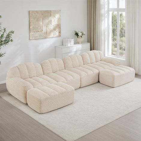 Canapé modulable 4 places en forme de U avec 2 poufs, forme coquillage, structure sans armature en mousse haute densité 32D, assise profonde, idéal pour les salons, revêtement en tissu doux, beige et (1/5)