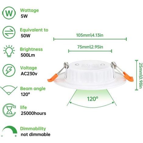 Spot led encastrable,Extra plat,5W 500lumen equivalent 50W incandescence,Rond ultraslim blanc froid 6000K,230V éclairage plafond encastré,Pour salle de bain,Cuisine,Salon,Couloir,lot de 6-RAPANDA (1/3)