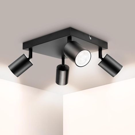 Spot Plafond - Plafonnier 4 Spots Noir - Plafonnier Spot Orientable - Éclairage de Plafond LED Carré - Moderne Applique Murale Interieur LED pour Cuisine, Salon - Livré Sans Ampoules (1/5)