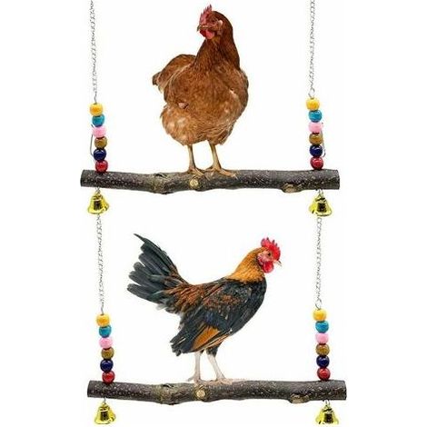 Ensemble d'accessoires pour poulailler : 2 balançoires en bois naturel, support en bois pour poules, balançoire pour perruches et poules, jouet pour poules, dressage des perruches. (1/5)