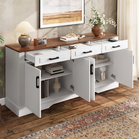 Buffet bas de salon, 160x40x75 cm, Meuble de rangement pour cuisine et salle à manger, MDF style à rayures 3D avec 4 portes et 3 tiroirs, Blanc (1/5)