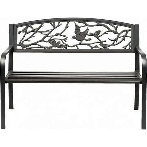 CHICFURN Banco de jardín exterior de metal negro con reposabrazos y respaldo alto decorativo de pájaros y ramas, resistente a la intemperie para terraza y patio (1/5)