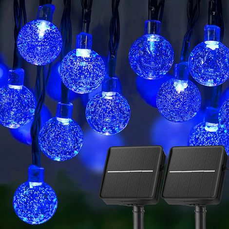 Guirlande lumineuse solaire LED (11 m, 60 LED, 2 pièces - bleue) pour extérieur, étanche, avec globes en cristal, idéale pour décorer jardin, terrasse, fête ou arbre. (1/5)