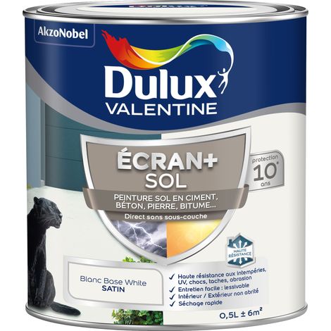 Ecran+ Sol - Peinture solvantée pour sols Intérieur et Extérieur - Ciment, béton, dalles, parquets et escaliers - Satin Blanc 0,5 L - Dulux Valentine