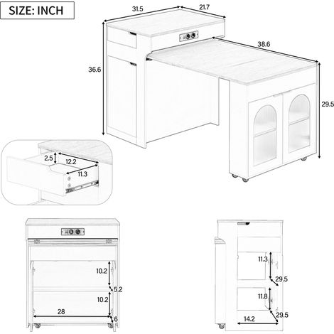 Kücheninsel mit Rollen, Ausziehbarer Esstisch mit Steckdosenleisten und Riffeglas , Anrichte mit zwei Schubladen, dient als Kücheninsel, Sideboard oder Bartisch für Küche und Esszimmer (Weiß) (1/5)