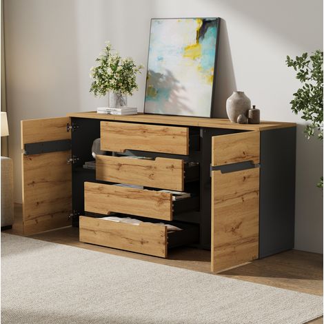 Buffet 160x40x80 cm en panneaux de bois noir, avec rangement pour salon FloraGrace (1/5)