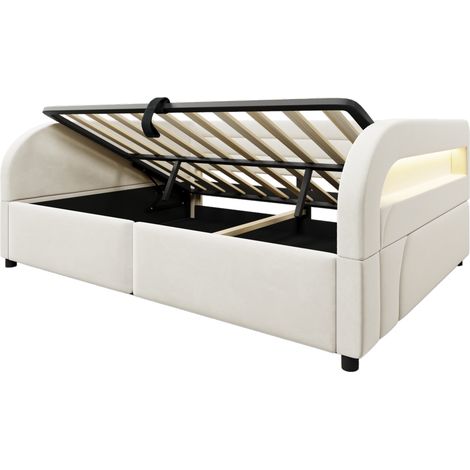 Letto piattaforma imbottito 140x200 cm con contenitore idraulico e LED beige MODENUIT (1/5)