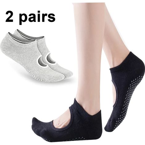Yogastrümpfe für Damen, rutschfeste Yogastrümpfe ideale Yoga-Accessoires für Pilates, Tanz, Ballett, Fitness und Trampolin (2 Paar, schwarz + grau) (1/5)