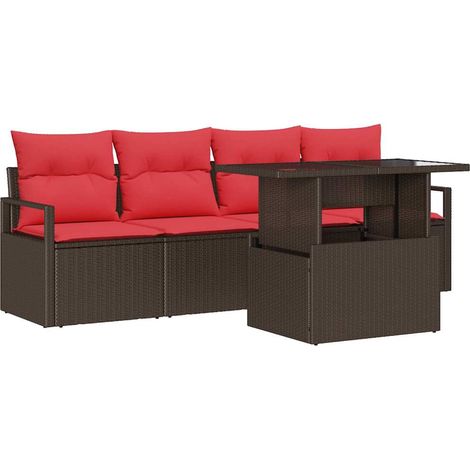 Garden Sofa Set with Storage 5 pcs Brown and Red Poly Rattan vidaXL