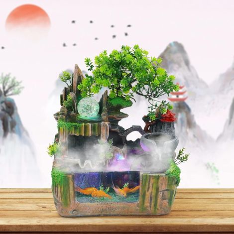 Fuente de interior con iluminación LED de niebla - Fuente de sobremesa - Para acuario - Resina - Fuente de sobremesa con plantas - Cascada (1/5)