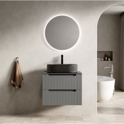 Lavabo de baño flotante 60x46x62.2 cm, con doble cajón, cierre suave, cerámica, piedra sinterizada, negro y gris oscuro (1/5)