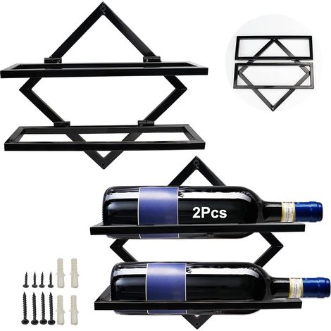 Casier à vin mural en métal, pliable et suspendu, compatible avec 2 bouteilles d'alcool, idéal pour un bar de cuisine ou une cave à vin. (1/5)