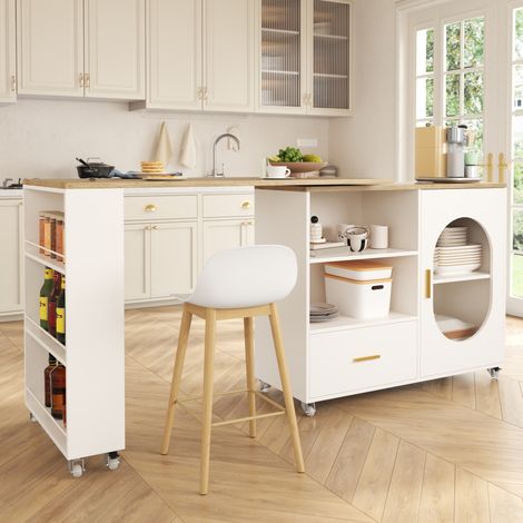 MODFU – Isola cucina mobile 120-180 cm in MDF con piano girevole 360°, vani contenitore e 9 ruote di cui 4 frenate – Naturale/bianco (1/5)